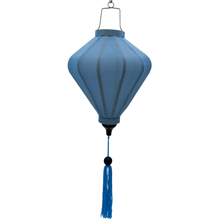 A light blue polyester linen fabric lantern hanging from a metal loop with a tassel at the bottom