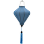 A light blue polyester linen fabric lantern hanging from a metal loop with a tassel at the bottom