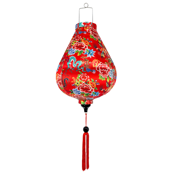 Garlic shape lantern with floral and dragon designs on a red background with matching red tassel