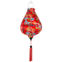Garlic shape lantern with floral and dragon designs on a red background with matching red tassel