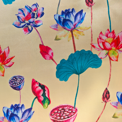 Colorful lotus flowers and leaves on a beige background