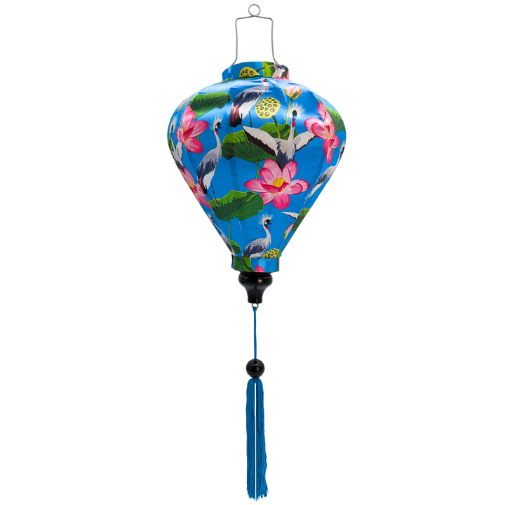 A balloon shape Vietnamese lantern featuring a vibrant blue background adorned with elegant grey-crowned cranes standing among large green lotus leaves. 