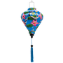 A balloon shape Vietnamese lantern featuring a vibrant blue background adorned with elegant grey-crowned cranes standing among large green lotus leaves. 