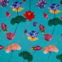 Polyester silk fabric with illustrations of lotus flowers in full bloom against a vibrant turquoise-blue background.