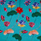 Polyester silk fabric with illustrations of lotus flowers in full bloom against a vibrant turquoise-blue background.