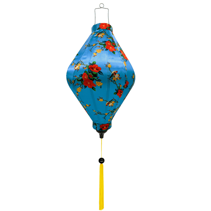 Tube shape lantern with love birds sitting in a tree with red and yellow flowers on a blue background.
