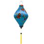 Tube shape lantern with love birds sitting in a tree with red and yellow flowers on a blue background.