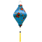 Tube shape lantern with love birds sitting in a tree with red and yellow flowers on a blue background.
