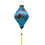 Tube shape lantern with love birds sitting in a tree with red and yellow flowers on a blue background.