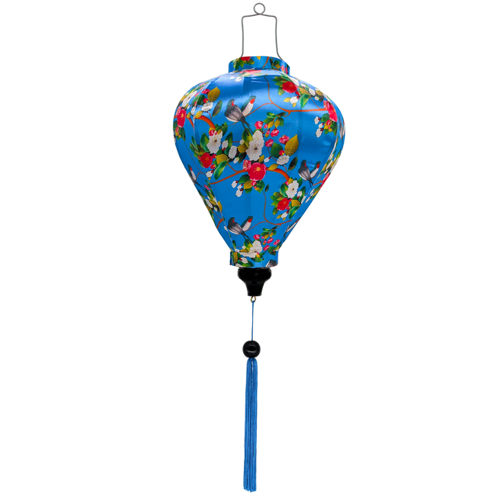 Balloon shape Vietnamese lantern with lovebirds perched in a tree on blue background.