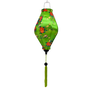 Tube shaped lantern with green tassel and love birds on green backdrop.
