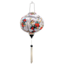 A beautifully handcrafted Hoi An silk lantern with a round shape and a white fabric base. The lantern is adorned with a delicate floral pattern featuring vibrant red and yellow blossoms intertwined with green branches. Perfect for home decor, festive occasions, or as a unique gift.