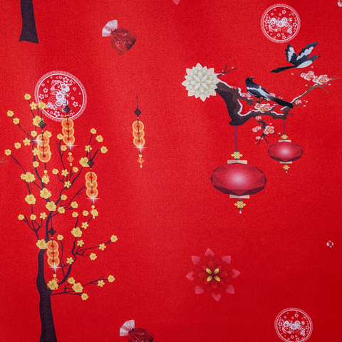Polyester silk fabric released in time for Lunar New Year with cherry blossoms, lanterns, and birds on a red background.