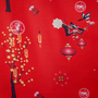 Polyester silk fabric released in time for Lunar New Year with cherry blossoms, lanterns, and birds on a red background.