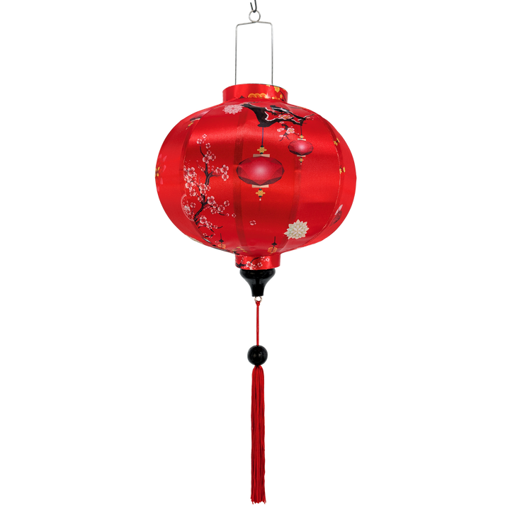 Round red Vietnamese silk lantern with floral patterns for Tet with matching red tassel.