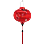 Round red Vietnamese silk lantern with floral patterns for Tet with matching red tassel.