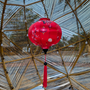 Red Vietnamese silk lantern with tassel hanging in front of the bamboo circus in Hoi An.