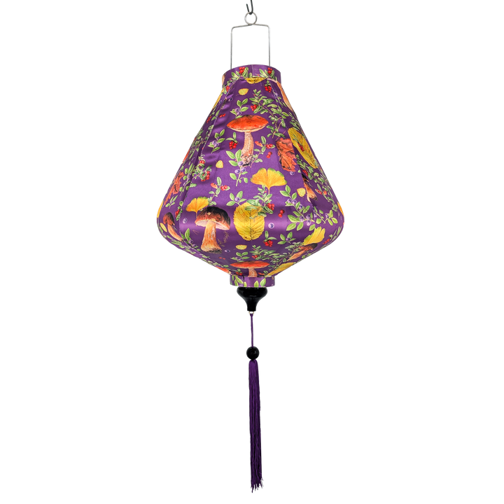 Tearshape Vietnamese silk lantern with mushroom design on a purple background