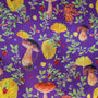 Folklore-style illustration of mushrooms, leaves, and berries on a purple background