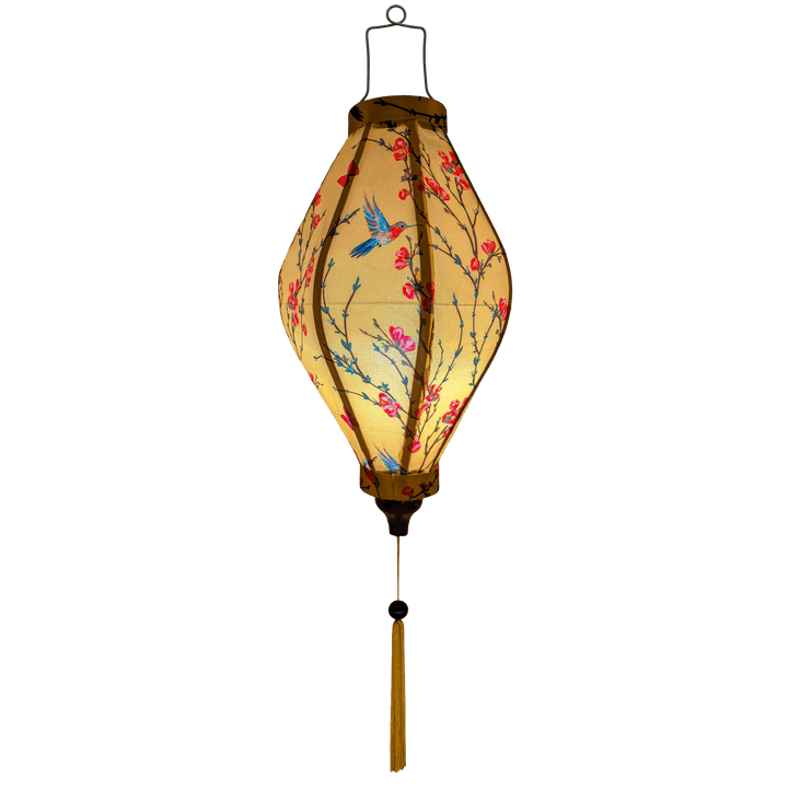 Glowing Balloon shaped Vietnamese Lantern with yellow tassel for sale.