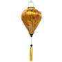 Balloon shaped Vietnamese Lantern with yellow tassel featuring a print of little hummingbirds mid-flight hunting nectar from orange flowers with red butterflies.