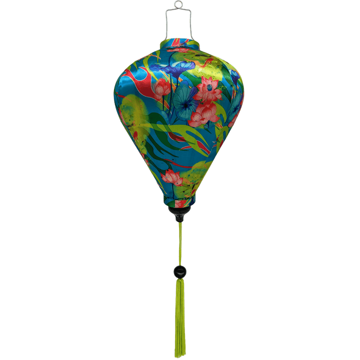 Balloon Vietnamese Lantern with bright neon green tassel.