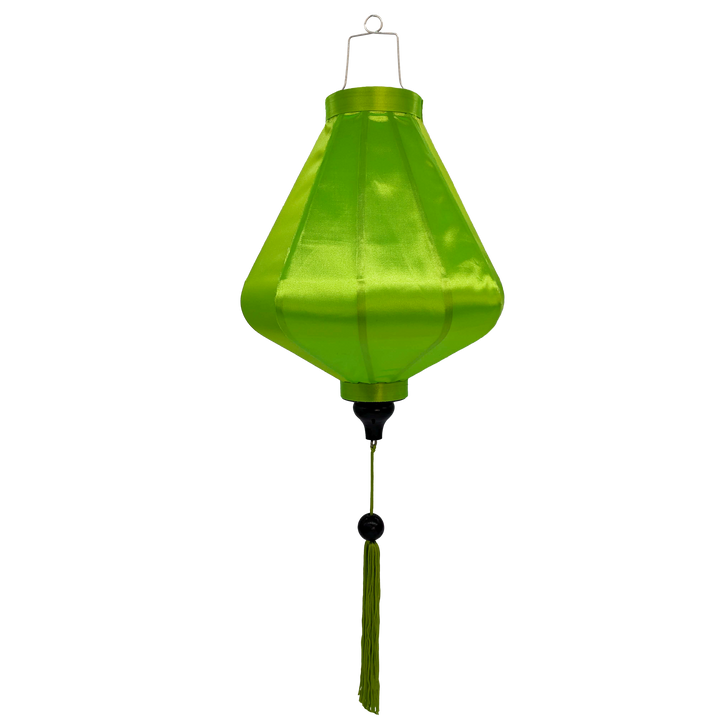 Teardrop Vietnamese lantern made with steel, bamboo and neon green fabric with tassel.