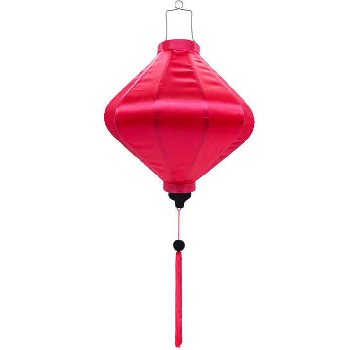 A Lozenge shaped Vietnamese lantern made from steel, bamboo and hot pink polyester silk fabric.