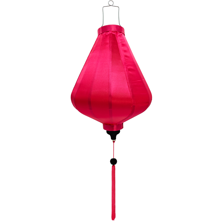 A Teardrop shaped lantern made from steel, bamboo and hot pink polyester silk fabric.