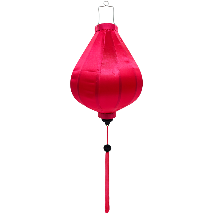A Garlic shaped lantern made from steel, bamboo and hot pink polyester silk fabric.