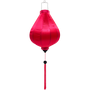 A Garlic shaped lantern made from steel, bamboo and hot pink polyester silk fabric.