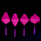 A row of hanging plain pink Vietnamese lanterns in Garlic, Tube, Lozenge and Round shapes glowing under UV light.