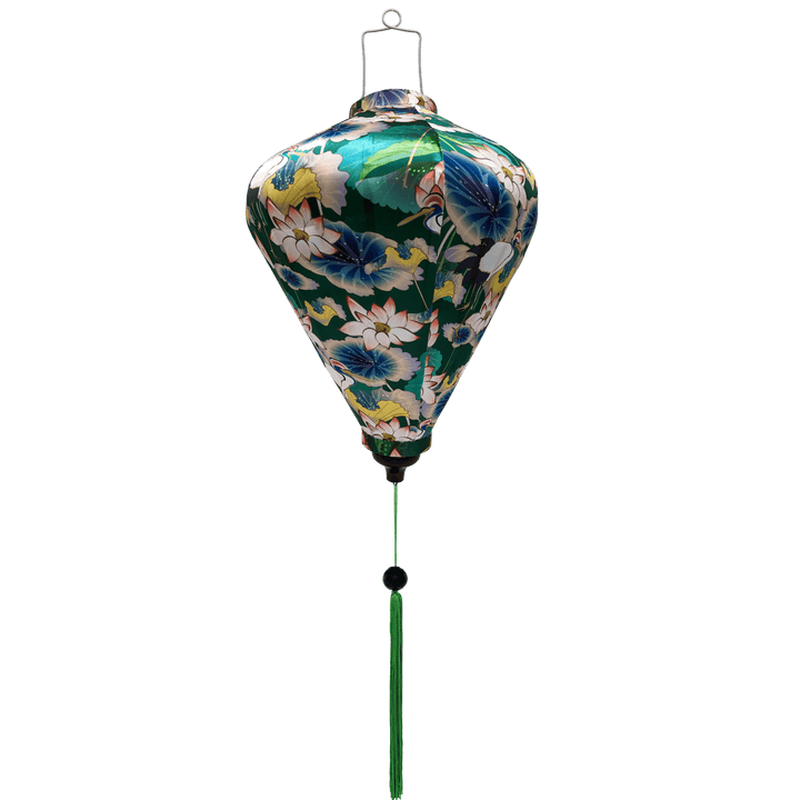 Diamond shaped lantern with green tassel and print of Asian open-bill birds surrounded by beautiful lotus flowers on dark green.
