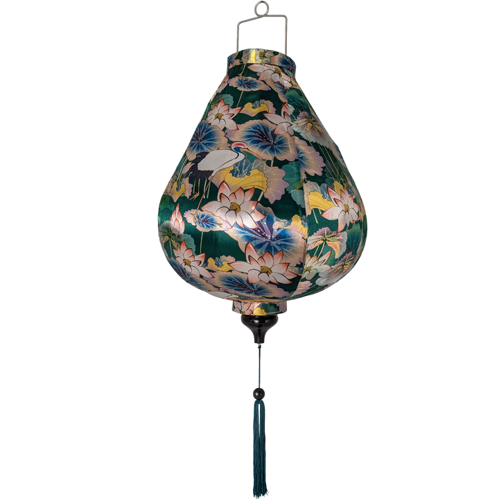 Garlic shape Vietnamese silk lantern with Openbill birds on dark green with pink lotus flowers.