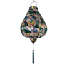 Garlic shape Vietnamese silk lantern with Openbill birds on dark green with pink lotus flowers.