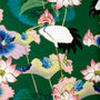 Polyester silk fabric with a print of Asian open-bill birds surrounded by beautiful pink lotus flowers on rich dark green background.