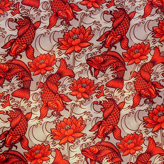 Pattern of orange koi fish and lotus flowers on a champagne gold background