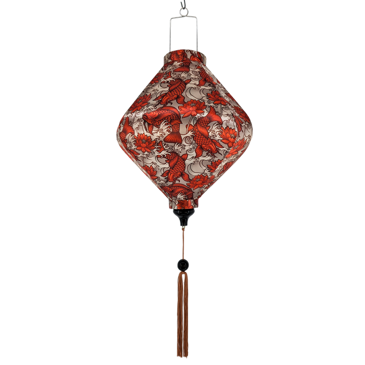 Hanging Lozenge shaped lantern with orange koi fish and lotus flowers on gold background