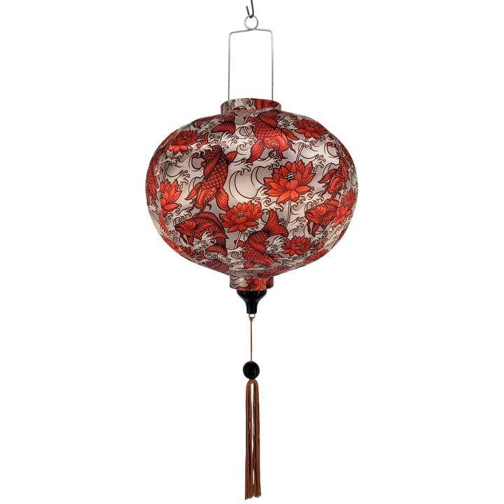 Hanging round lantern with koi fish and lotus flowers against gold.