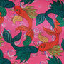 Colorful koi fish pattern on a pink background with bubbles