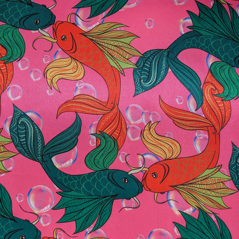 Colorful koi fish pattern on a pink background with bubbles
