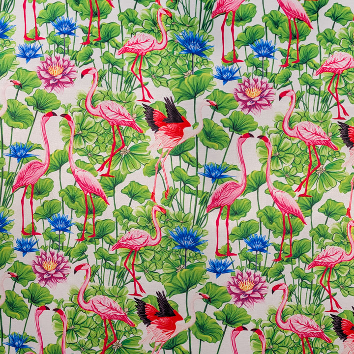 Pattern of pink flamingos and lotus flowers on a white background