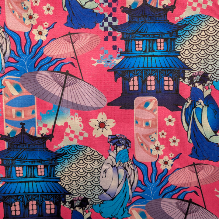 Traditional Japanese geishas and houses on a pink background