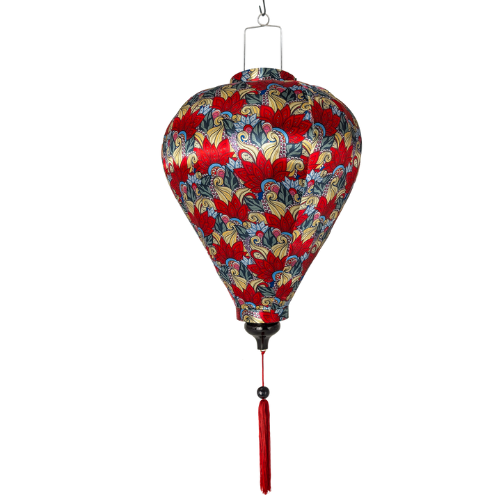 Balloon shaped Vietnamese silk lantern hanging with feathered floral pattern with a red tassel