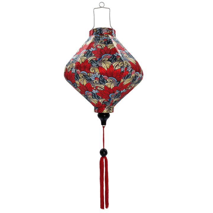 Lozenge shaped Hoi An lantern with soft feather-like details and intricate paisley designs and red tassel.
