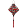 Lozenge shaped Hoi An lantern with soft feather-like details and intricate paisley designs and red tassel.
