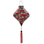 Lozenge shaped Hoi An lantern with soft feather-like details and intricate paisley designs and red tassel.
