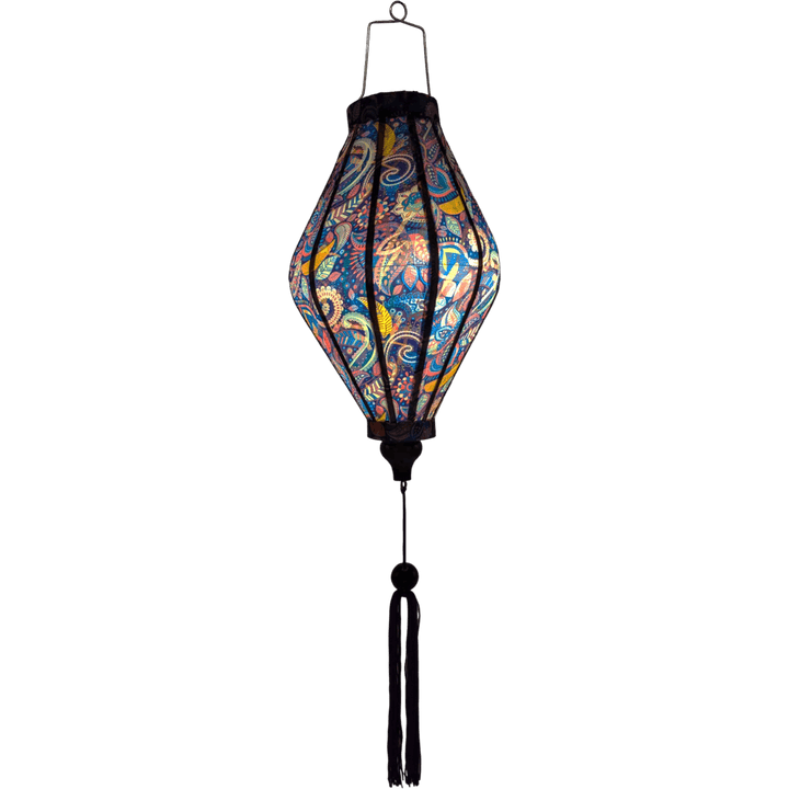 Glowing Balloon shaped lantern with purple tassel featuring a paisley print.