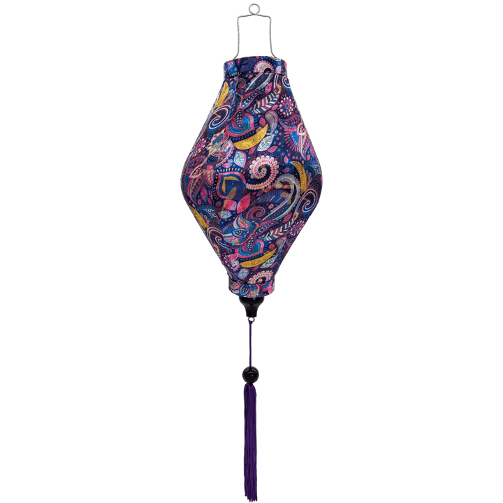 Balloon shaped lantern with purple tassel featuring a paisley print.
