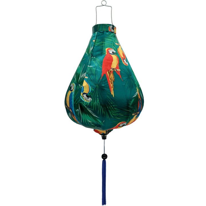 Garlic shaped Vietnamese lantern with parrots and palm leaves on deep green silk.